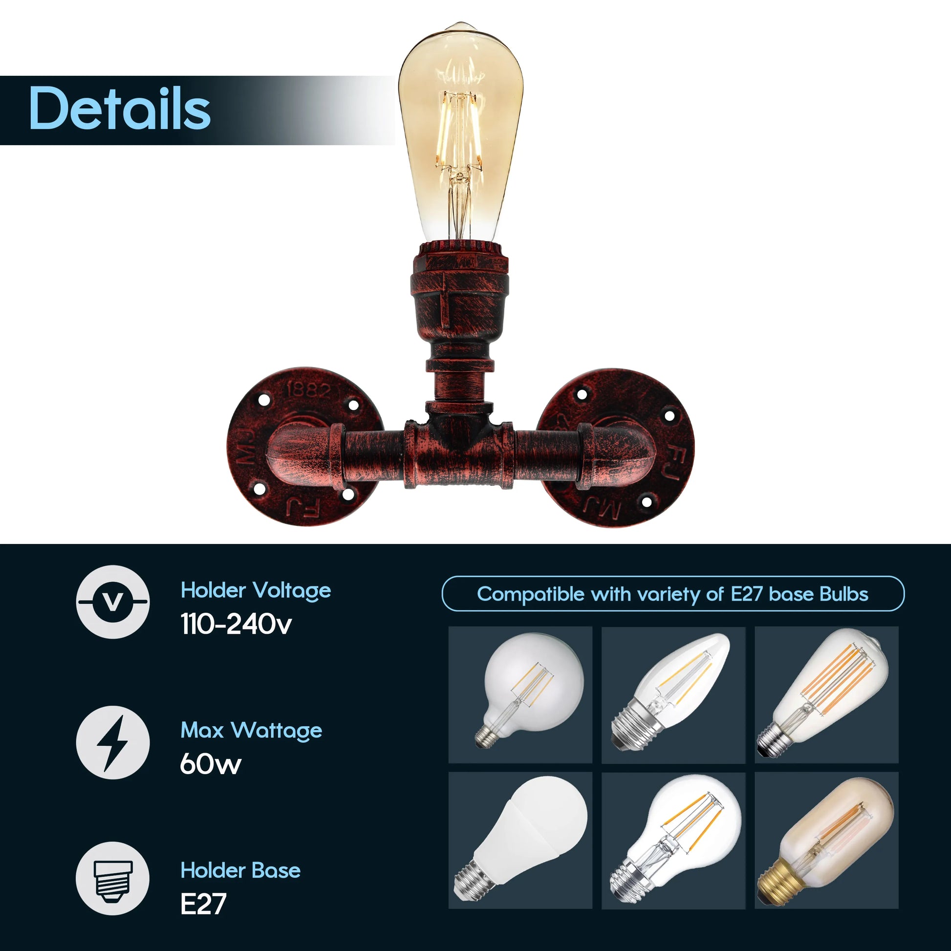 Steampunk E27 Rustic Red Water Pipe Wall Sconce ~4458-2