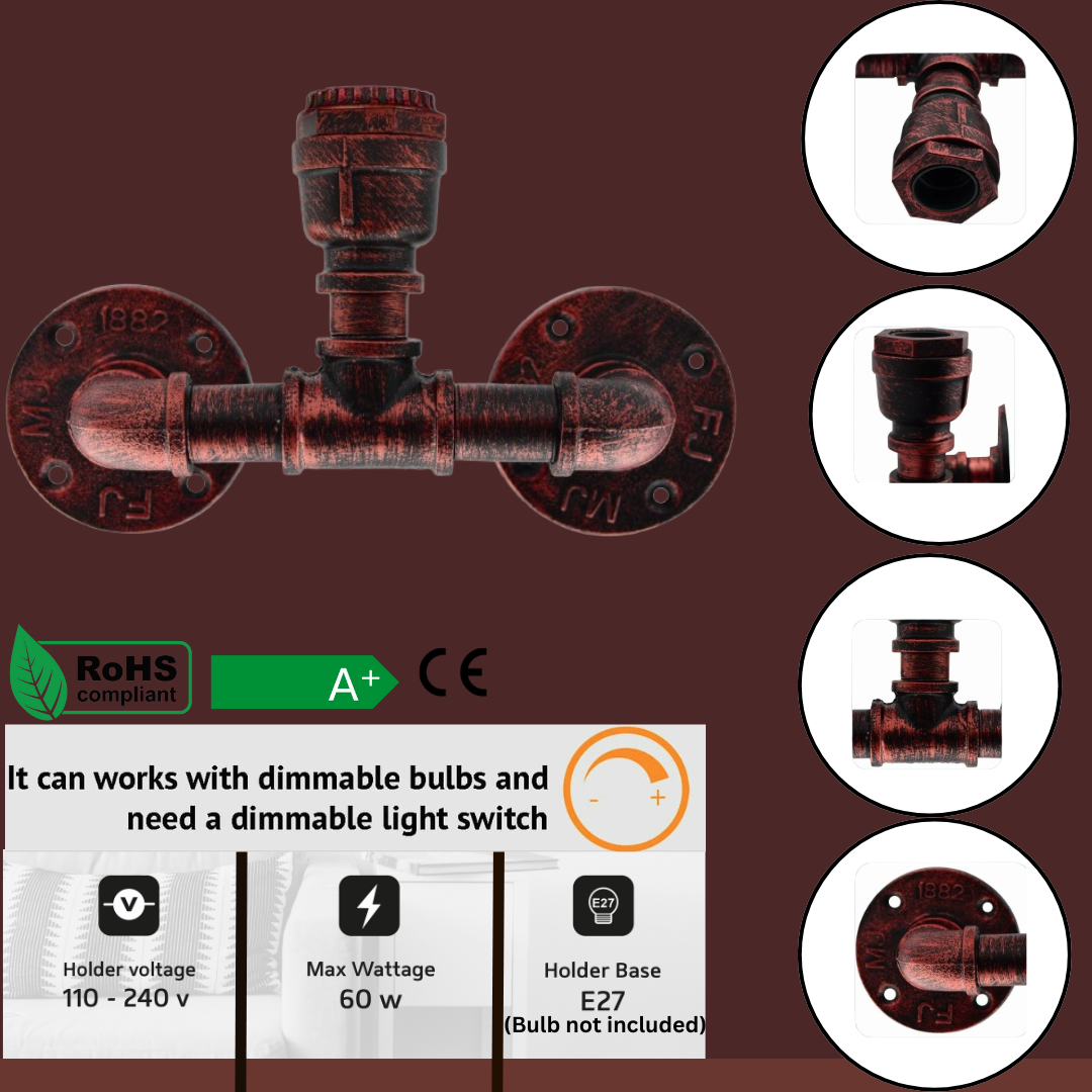 Steampunk E27 Rustic Red Water Pipe Wall Sconce ~4458-3